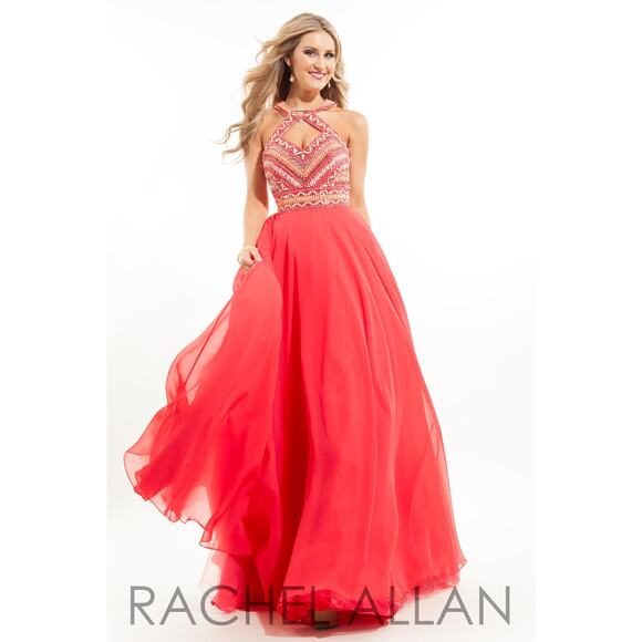 Rachel Allan Beaded Embellished Halter Neck A Line Gown Dress Size 0 Coral - Picture 1 of 8